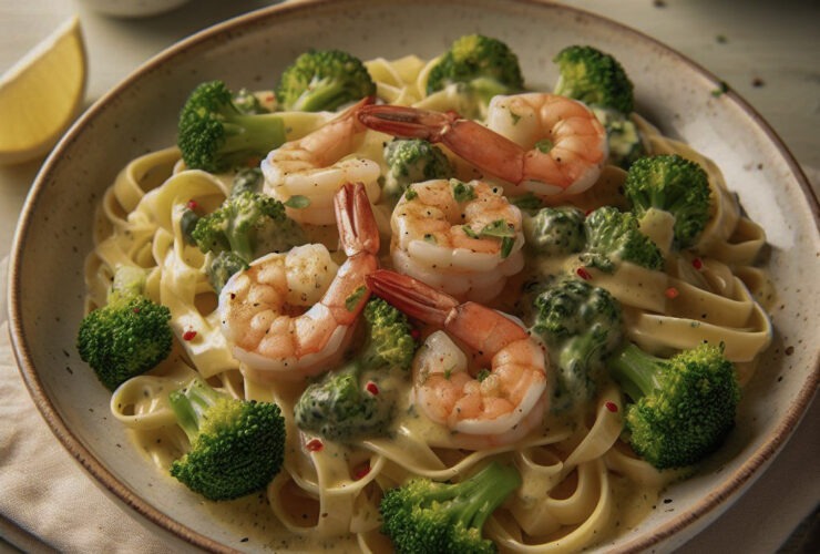 Shrimp and Broccoli Fettuccini pasta with a Lemon cream-sauce