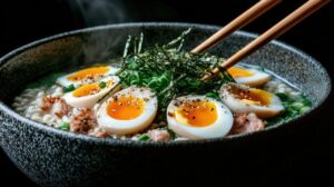 a bowl of food with chopsticks