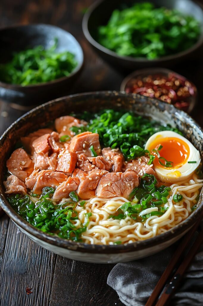 a bowl of soup with meat and noodles - Low-Sodium Ramen Recipe