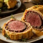beef wellington sliced on elegant platter showing perfect pink center and golden pastry