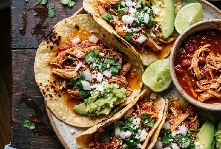Chicken tinga served in warm corn tortillas topped with fresh cilantro, diced onions, and crumbled queso fresco on a rustic wooden board