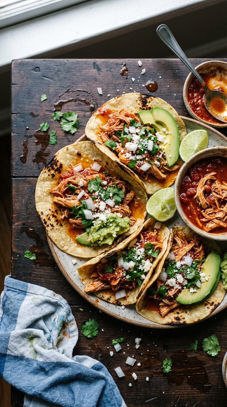 Chicken tinga served in warm corn tortillas topped with fresh cilantro, diced onions, and crumbled queso fresco on a rustic wooden board