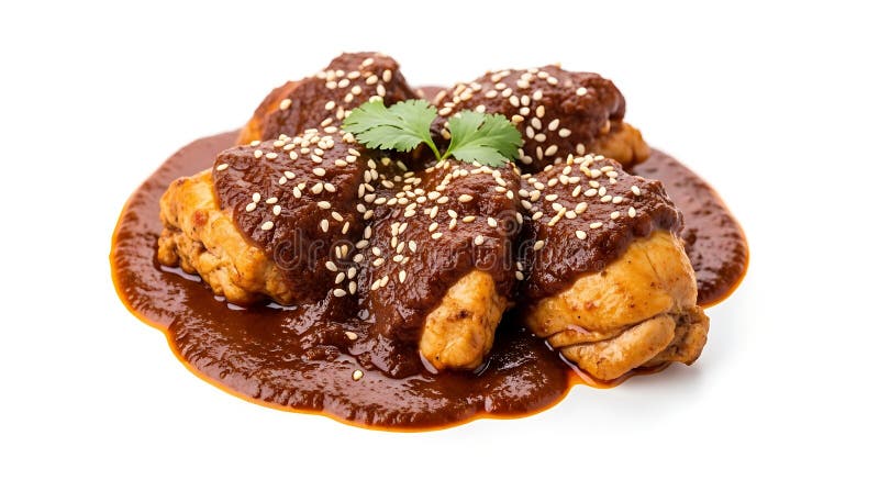 Close-up of mole poblano chicken showing glossy dark sauce coating with sesame seeds visible on top