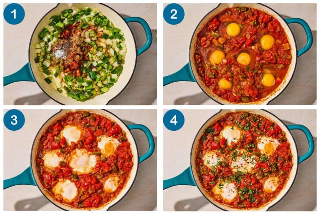 Step-by-step collage showing diced vegetables, simmering tomato sauce, and eggs being cracked into wells in the sauce