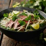 steaming bowl of Vietnamese pho with tender beef slices, fresh herbs, bean sprouts and lime wedges beautifully arranged