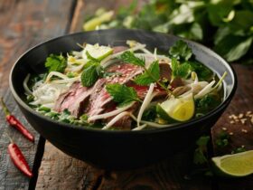 Authentic Vietnamese Pho Recipe - Homemade Comfort in a Bowl 34 steaming bowl of Vietnamese pho with tender beef slices, fresh herbs, bean sprouts and lime wedges beautifully arranged