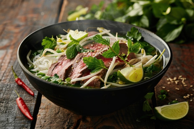 steaming bowl of Vietnamese pho with tender beef slices, fresh herbs, bean sprouts and lime wedges beautifully arranged