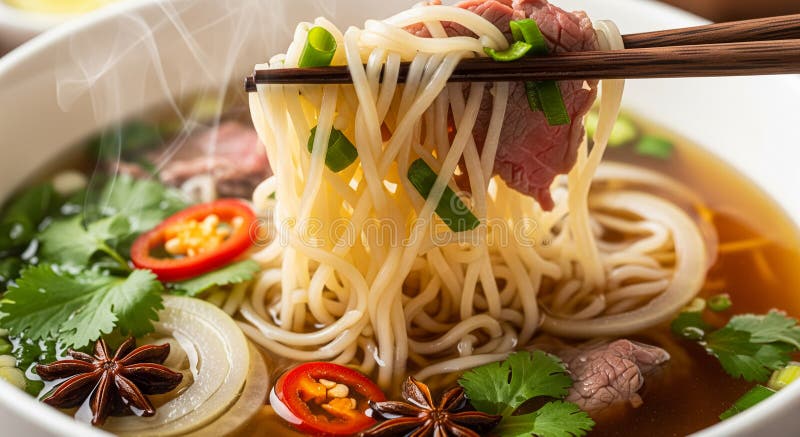 close-up of chopsticks lifting rice noodles and tender beef from a steaming bowl of pho with fresh herbs