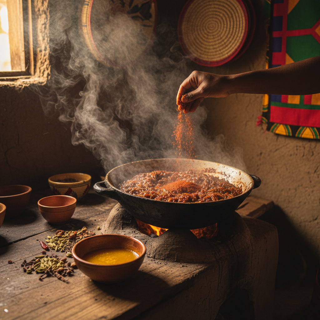 Step-by-step shots showing berbere spice blend, caramelized onions, and chicken being added to the pot