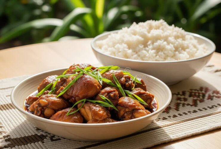 Filipino chicken adobo served in a white bowl with steamed rice, garnished with fresh cilantro and sliced green onions, shot from above on a rustic wooden table
