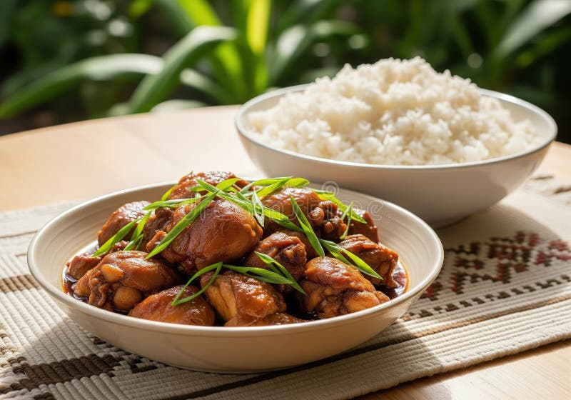 Filipino chicken adobo served in a white bowl with steamed rice, garnished with fresh cilantro and sliced green onions, shot from above on a rustic wooden table