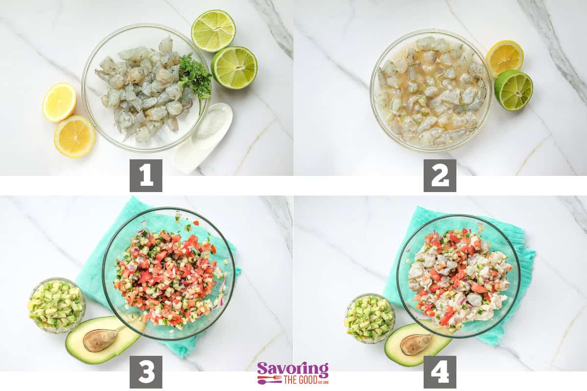 Step-by-step preparation showing diced shrimp, fresh lime juice being squeezed, and colorful diced vegetables in separate bowls