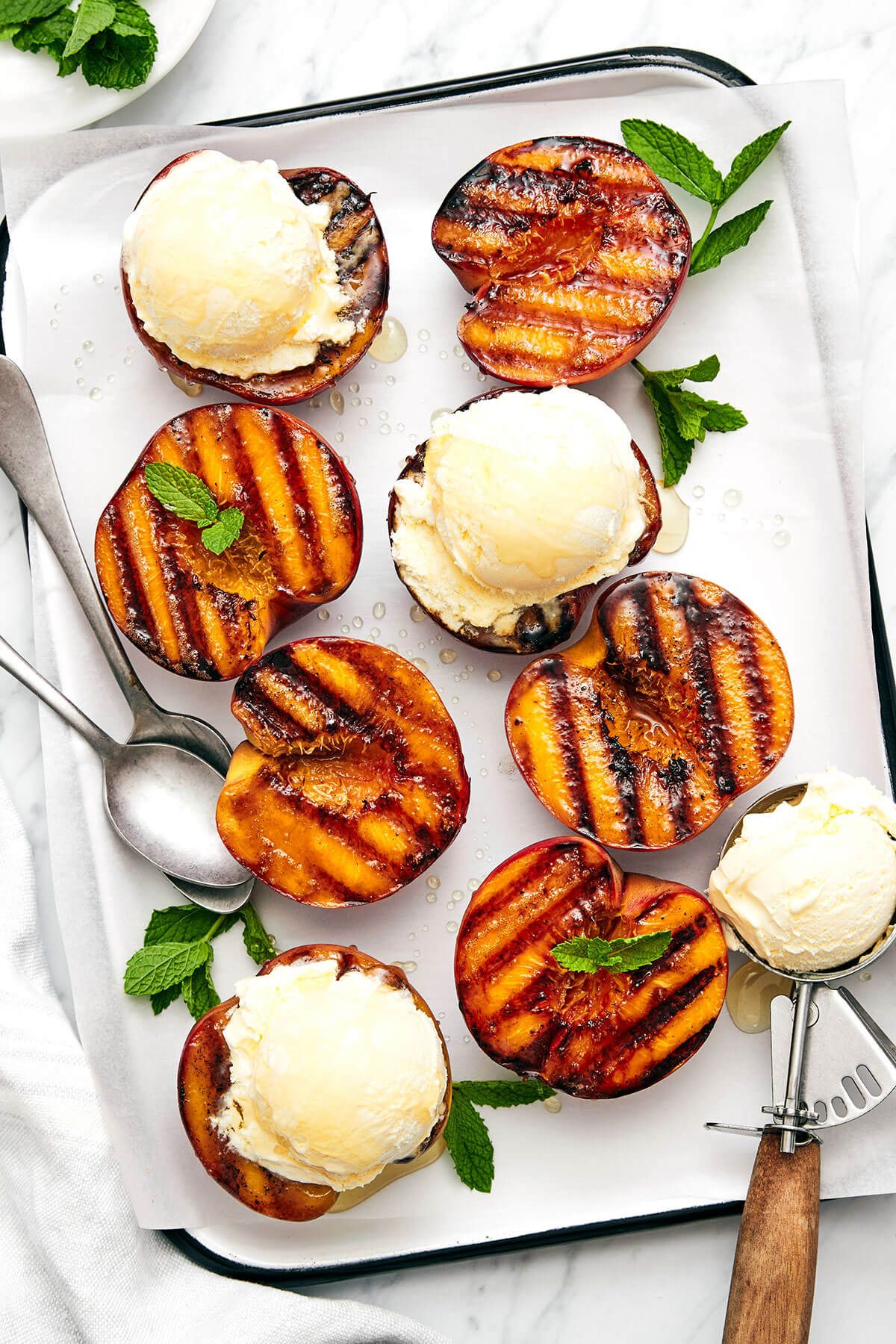 Grilled Peach Burrata Breakfast Toast - Healthy Italian-Inspired Morning Recipe 27 Step-by-step shots showing peach slices on grill pan with beautiful caramelized marks and burrata being torn by hand