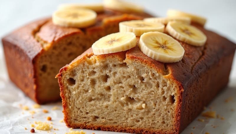 Close-up of a thick slice of banana bread on a white plate with a fork, showing the moist texture and golden color