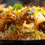 Aromatic chicken biryani served in traditional bowl with garnishes of fresh herbs, fried onions, and colorful saffron rice layers beautifully displayed