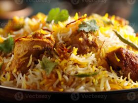 Aromatic chicken biryani served in traditional bowl with garnishes of fresh herbs, fried onions, and colorful saffron rice layers beautifully displayed