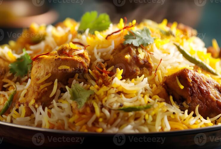 Aromatic chicken biryani served in traditional bowl with garnishes of fresh herbs, fried onions, and colorful saffron rice layers beautifully displayed