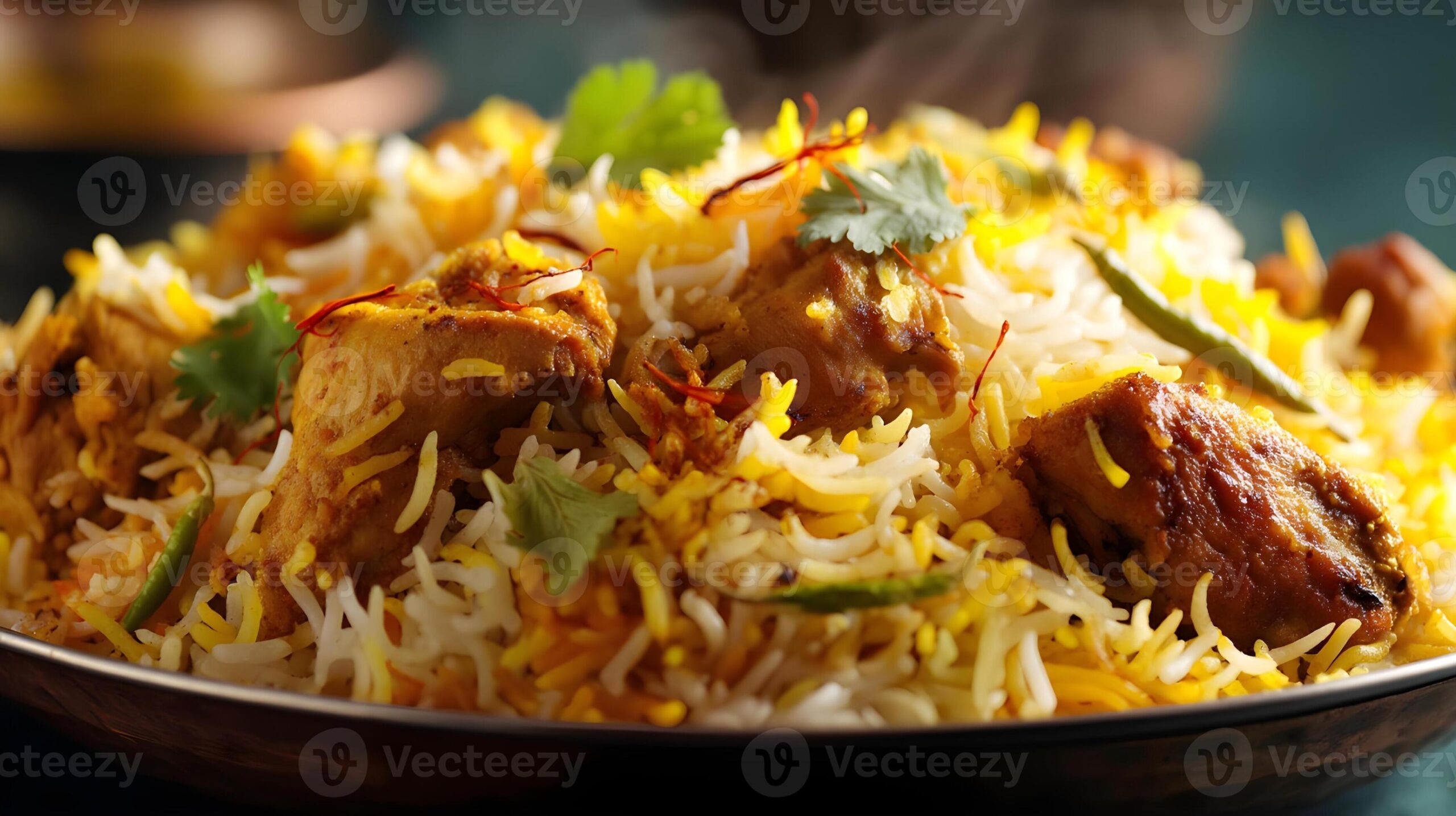 Aromatic chicken biryani served in traditional bowl with garnishes of fresh herbs, fried onions, and colorful saffron rice layers beautifully displayed