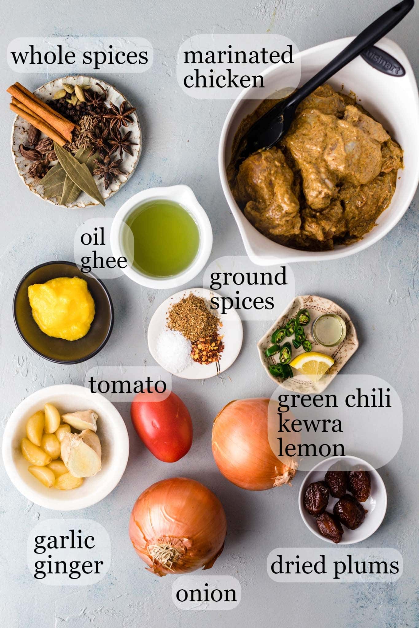 Step-by-step preparation showing marinated chicken, soaked basmati rice, and aromatic whole spices laid out for biryani preparation