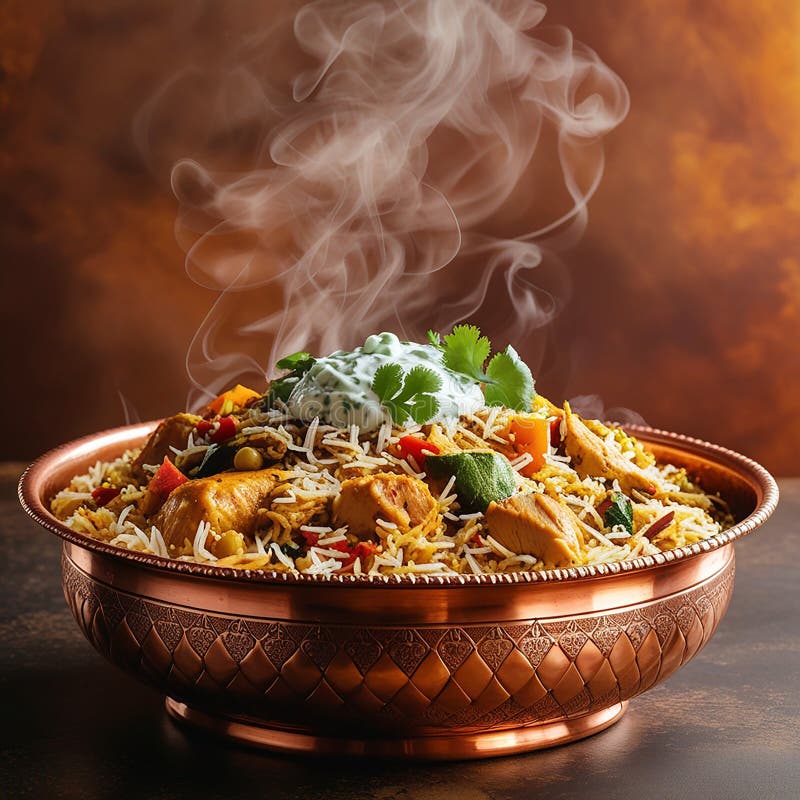 Close-up shot of chicken biryani showing the layered rice, tender spiced chicken, and garnishes with steam rising from a serving bowl