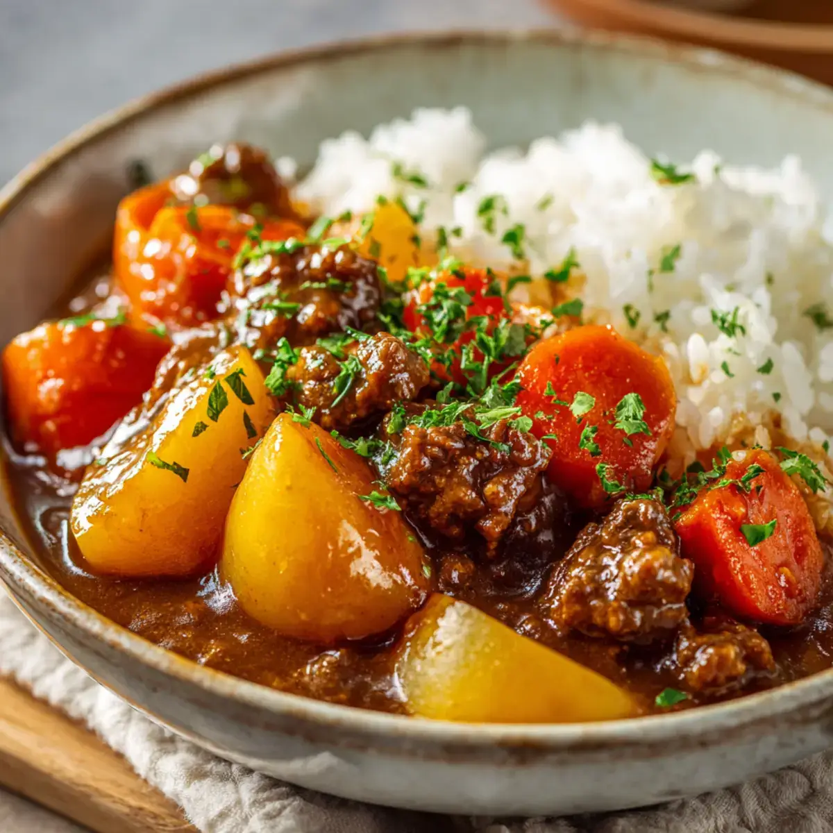 Close-up shot of a spoonful of Japanese beef curry being lifted from the bowl, showing the rich, glossy sauce coating tender beef and vegetables