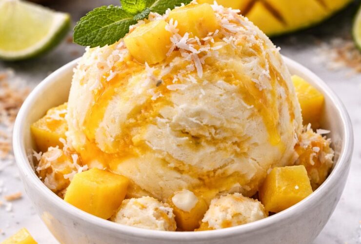 Mango coconut nice cream vegan served in a white bowl with fresh mango slices and toasted coconut flakes on top, photographed on a bright tropical-inspired table setting