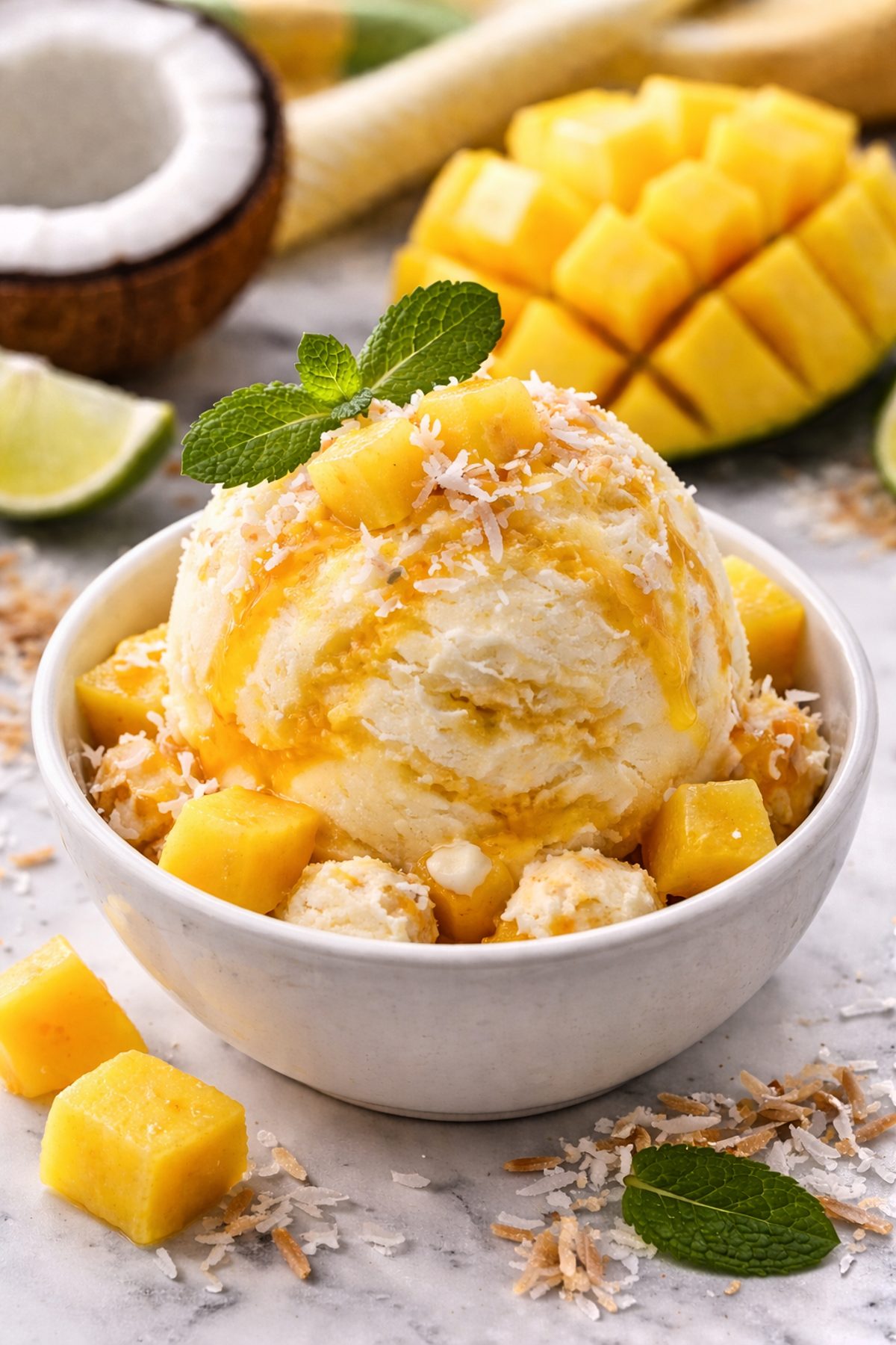 Mango coconut nice cream vegan served in a white bowl with fresh mango slices and toasted coconut flakes on top, photographed on a bright tropical-inspired table setting