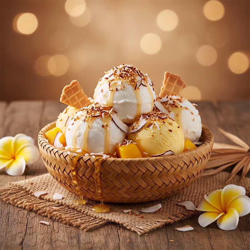 Close-up of a scoop of mango coconut nice cream vegan in a waffle cone with toasted coconut flakes and a fresh mango slice, golden afternoon light, vibrant tropical colors