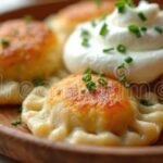 Beautifully plated Polish pierogi on a rustic ceramic plate, golden-brown and perfectly crimped, garnished with fresh chives and a dollop of sour cream