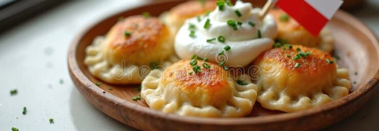 Beautifully plated Polish pierogi on a rustic ceramic plate, golden-brown and perfectly crimped, garnished with fresh chives and a dollop of sour cream