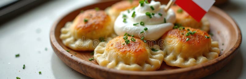 Polish Pierogi Recipe - Authentic European Comfort Food with Nutritious Ingredients 26 Beautifully plated Polish pierogi on a rustic ceramic plate, golden-brown and perfectly crimped, garnished with fresh chives and a dollop of sour cream