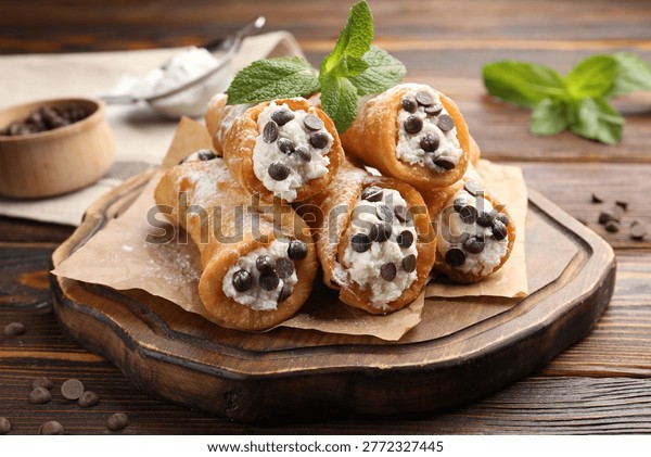 Sicilian Cannoli Recipe - Traditional Italian Dessert with Clean Ingredients 30 Beautifully plated Sicilian cannoli on rustic wooden board with powdered sugar dusting and fresh berries