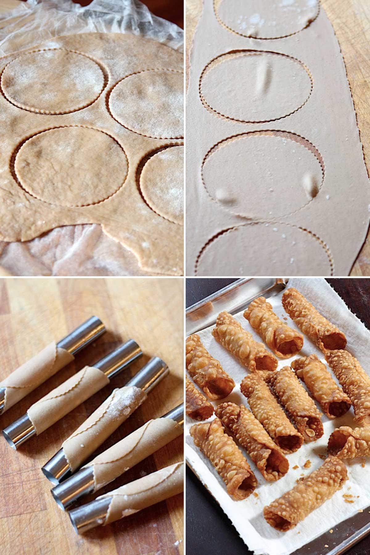Step-by-step process showing cannoli shells being fried and ricotta filling being prepared