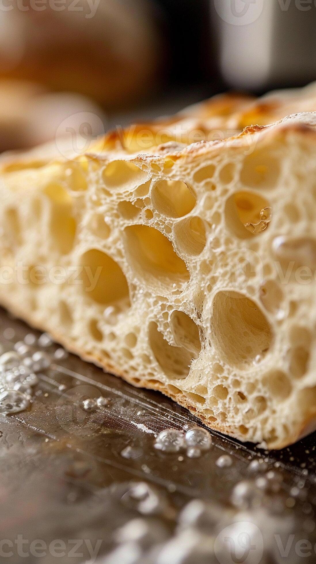 Close-up cross-section of sourdough bread showing perfect airy crumb structure and golden crust, with butter melting on a fresh slice