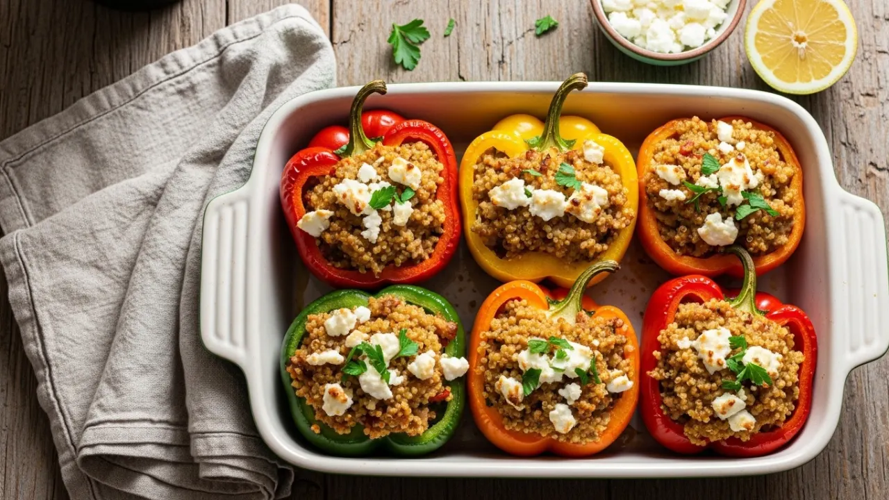 Close-up of a single stuffed bell pepper boat on a white ceramic plate, cross-section showing layered turkey and quinoa filling, topped with melted feta and fresh parsley, with a fork resting alongside