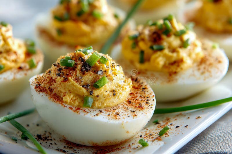 Classic Deviled Eggs — Paprika Dusted Picnic Appetizer Everyone Loves 28 Close-up shot of three deviled eggs on a rustic wood board, perfectly piped creamy filling dusted with smoked paprika and garnished with fresh chive snippings, shallow depth of field