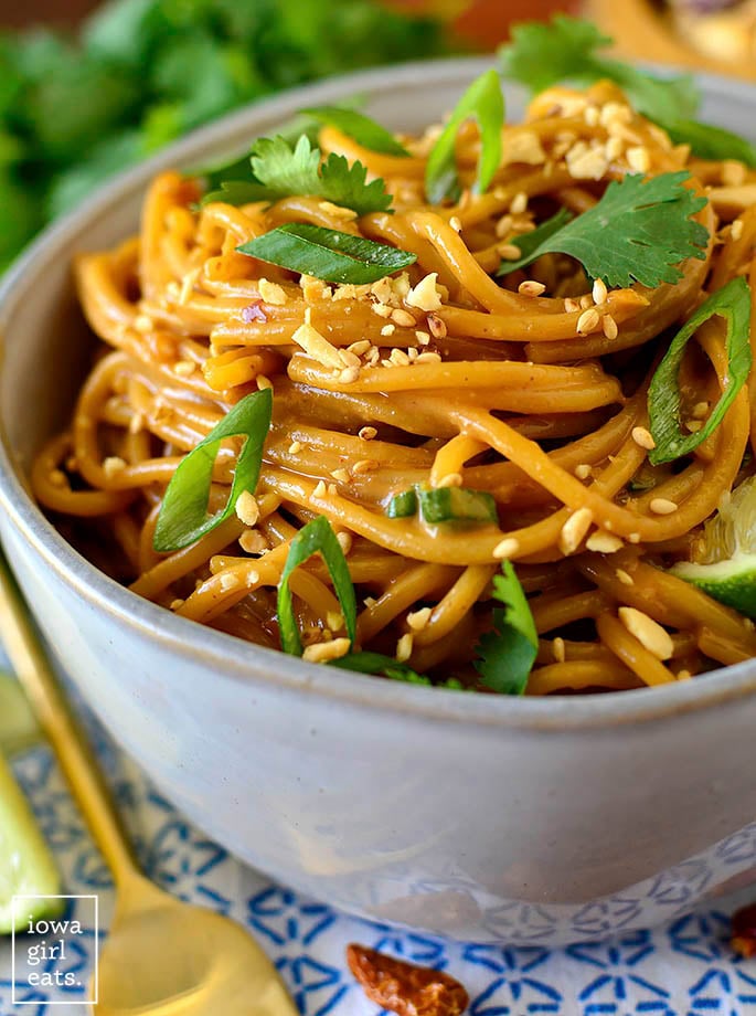 Cold Sesame Noodles — No-Cook Spicy Peanut Noodles Ready in 15 Minutes 27 Flat lay of cold sesame noodle ingredients including peanut butter, sesame oil, soy sauce, chili garlic sauce, rice vinegar, fresh ginger, garlic, and dry noodles arranged on a marble surface