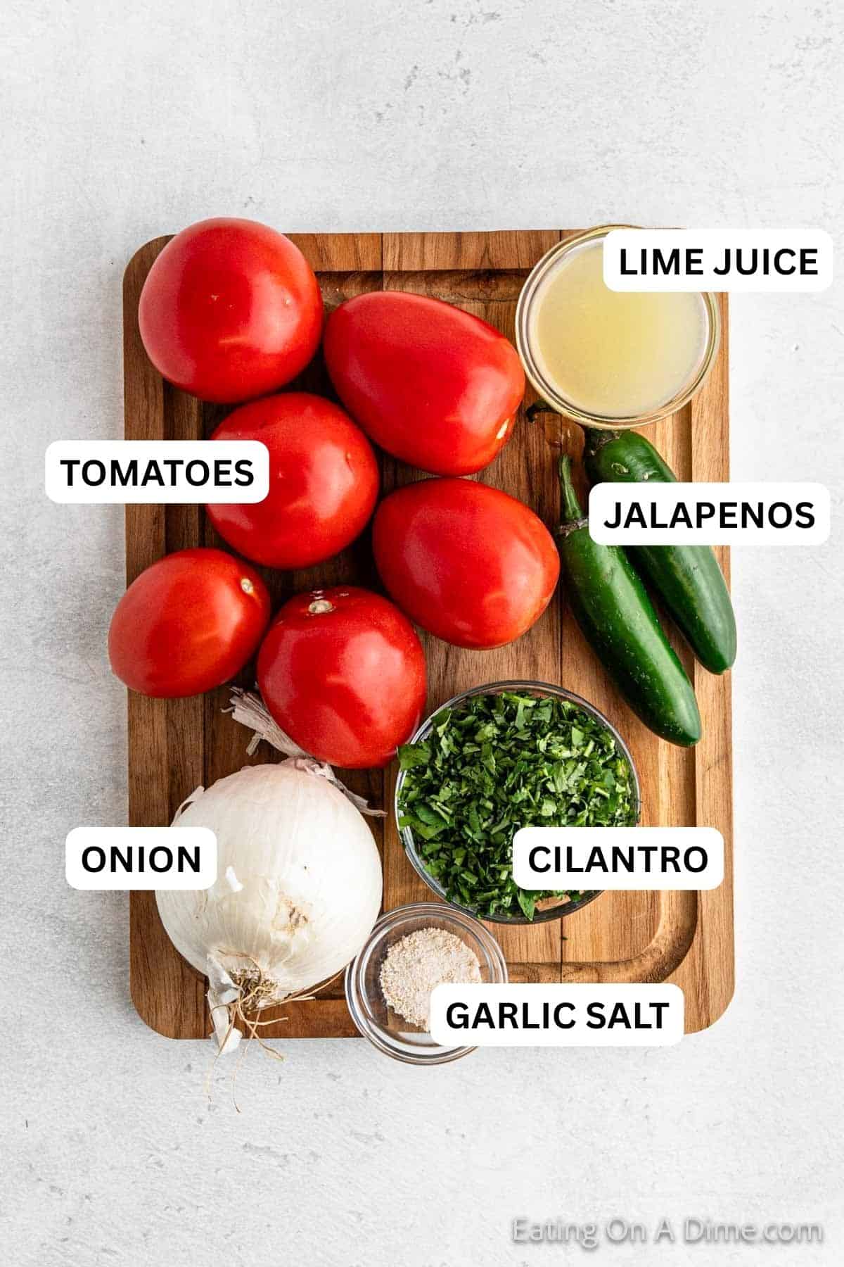Flat lay of fresh pico de gallo ingredients — diced roma tomatoes, white onion, jalapeño, fresh cilantro, lime halves, and sea salt arranged on a light marble surface