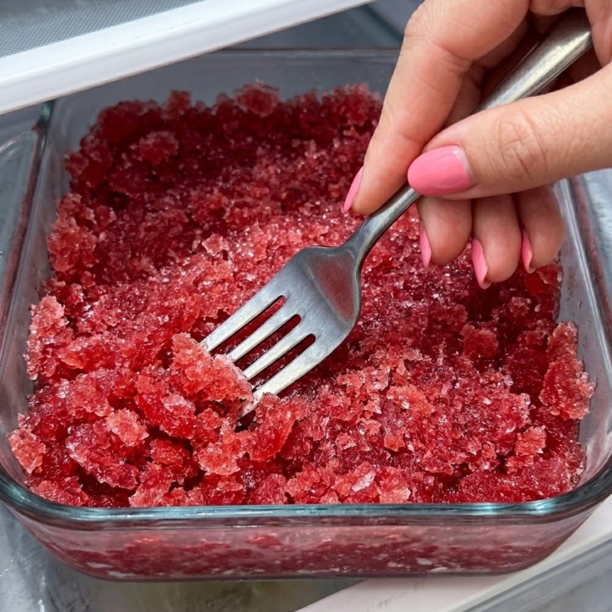 A close-up overhead shot of watermelon lime granita being scraped with a silver fork in a metal baking pan, showing the fluffy crystalline red-pink texture in gorgeous detail, with lime zest and mint scattered around the pan
