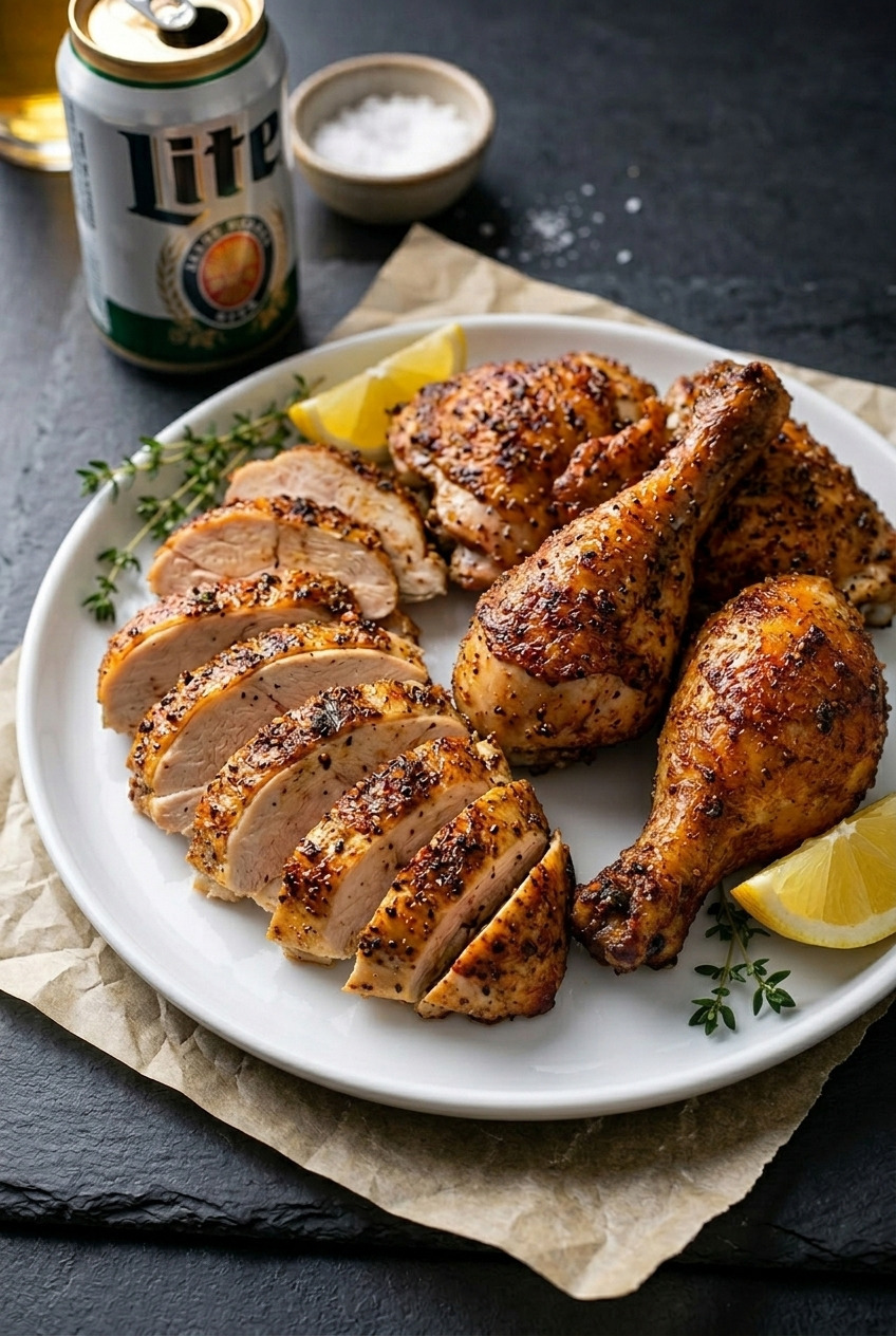 Close-up of carved Beer Can Chicken showing juicy sliced breast meat and crispy golden skin on a white serving platter with fresh thyme and lemon wedges