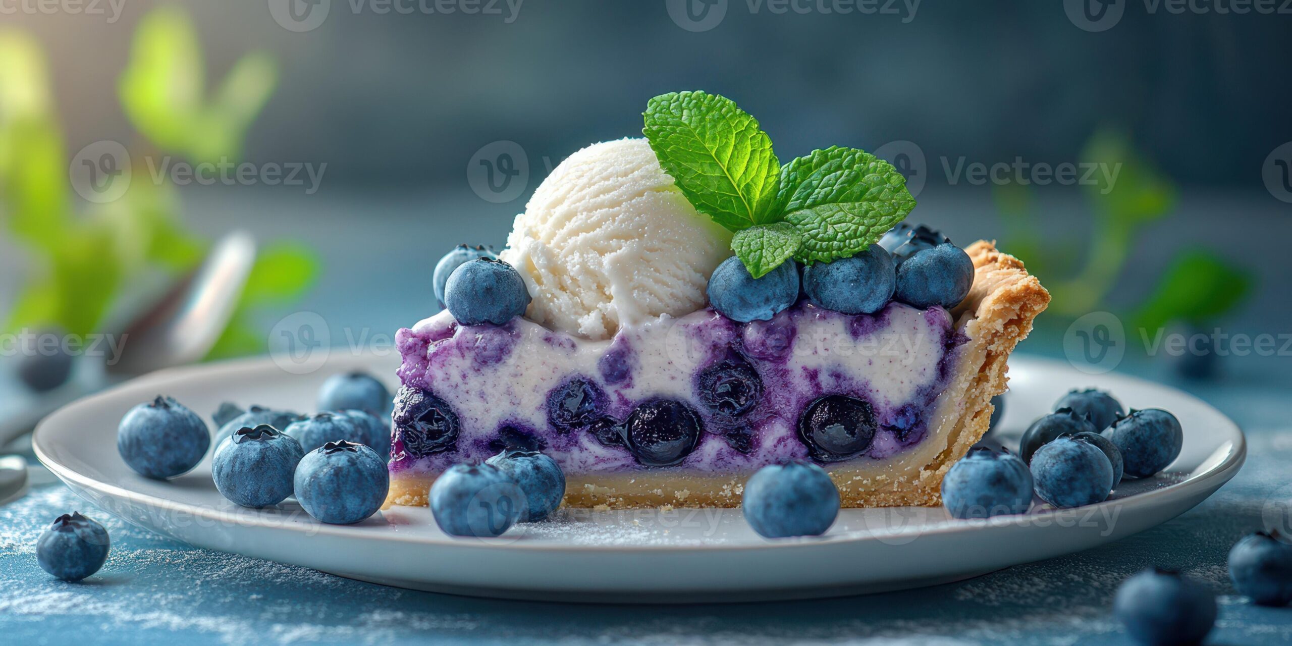 a slice of blueberry pie on a white ceramic plate with a scoop of vanilla ice cream melting alongside fresh blueberries and a mint sprig
