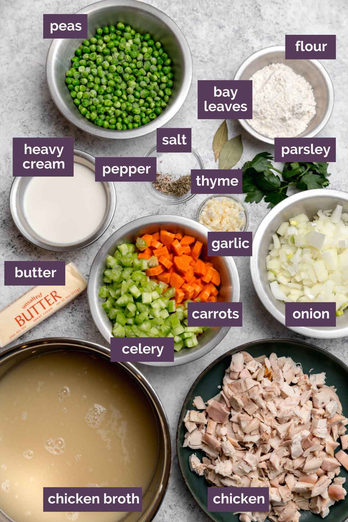 A step-by-step ingredients flat lay showing raw chicken thighs, fresh vegetables, flour, butter, and a measuring cup of chicken broth on a wooden surface