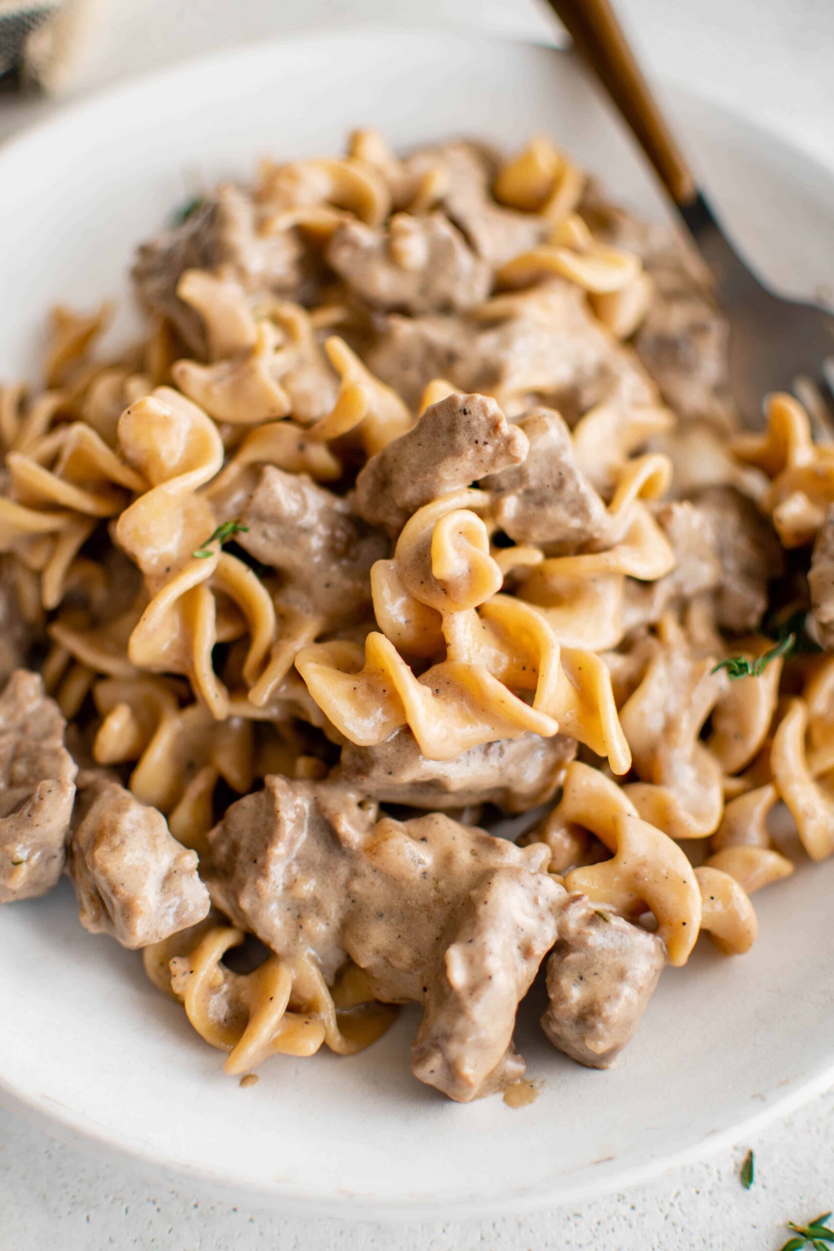 Close-up of Crockpot Beef and Noodles in a white bowl, showing the glossy brown gravy coating tender shredded beef and wide egg noodles, topped with fresh herbs