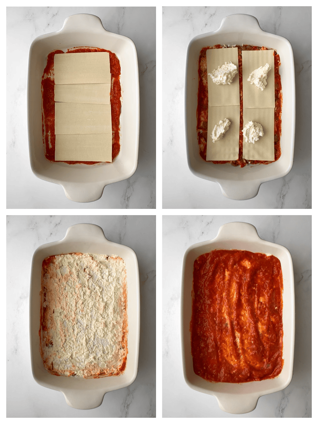 Step-by-step layering process of Dutch Oven Lasagna showing no-boil noodles, ricotta, sausage, and marinara sauce being assembled in a cast iron Dutch oven