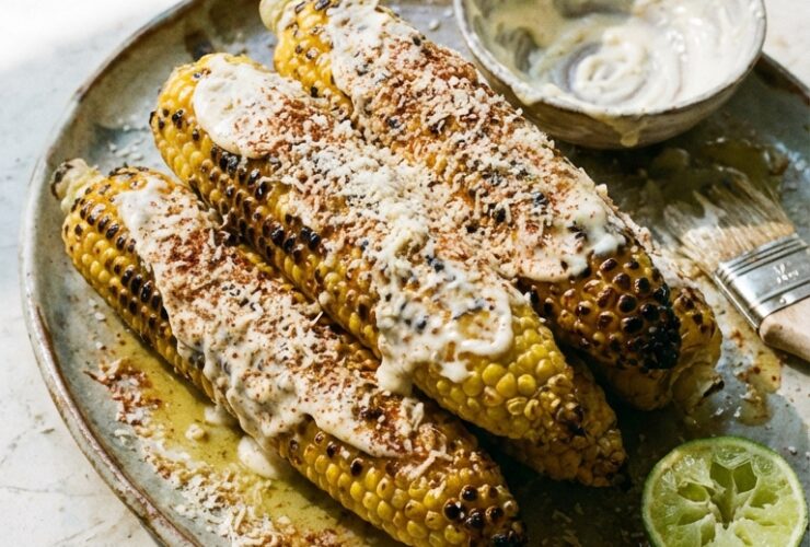 Grilled corn on the cob with charred kernels, butter, Parmesan, chili powder, and fresh lime wedges on a rustic wooden board