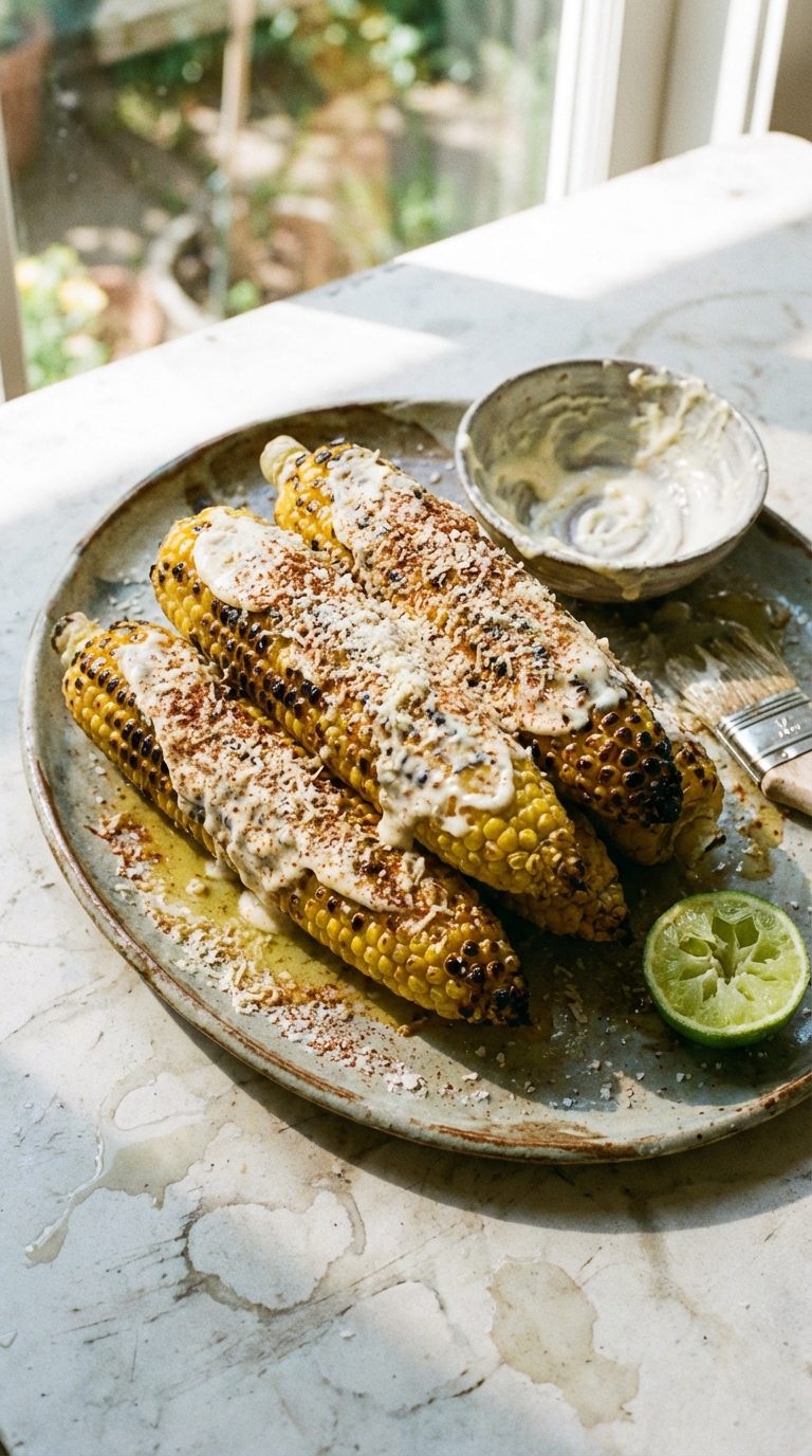Grilled corn on the cob with charred kernels, butter, Parmesan, chili powder, and fresh lime wedges on a rustic wooden board