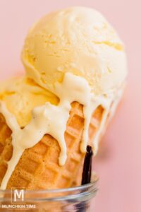 Homemade vanilla ice cream scooped into a white ceramic bowl with a golden waffle cone on the side, fresh vanilla bean pods in the background, warm natural light
