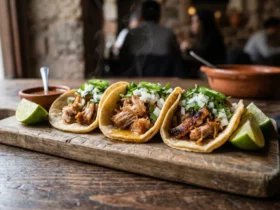 Instant Pot carnitas tacos served on a rustic wooden board with corn tortillas, fresh salsa, sliced avocado, and lime wedges at a campsite