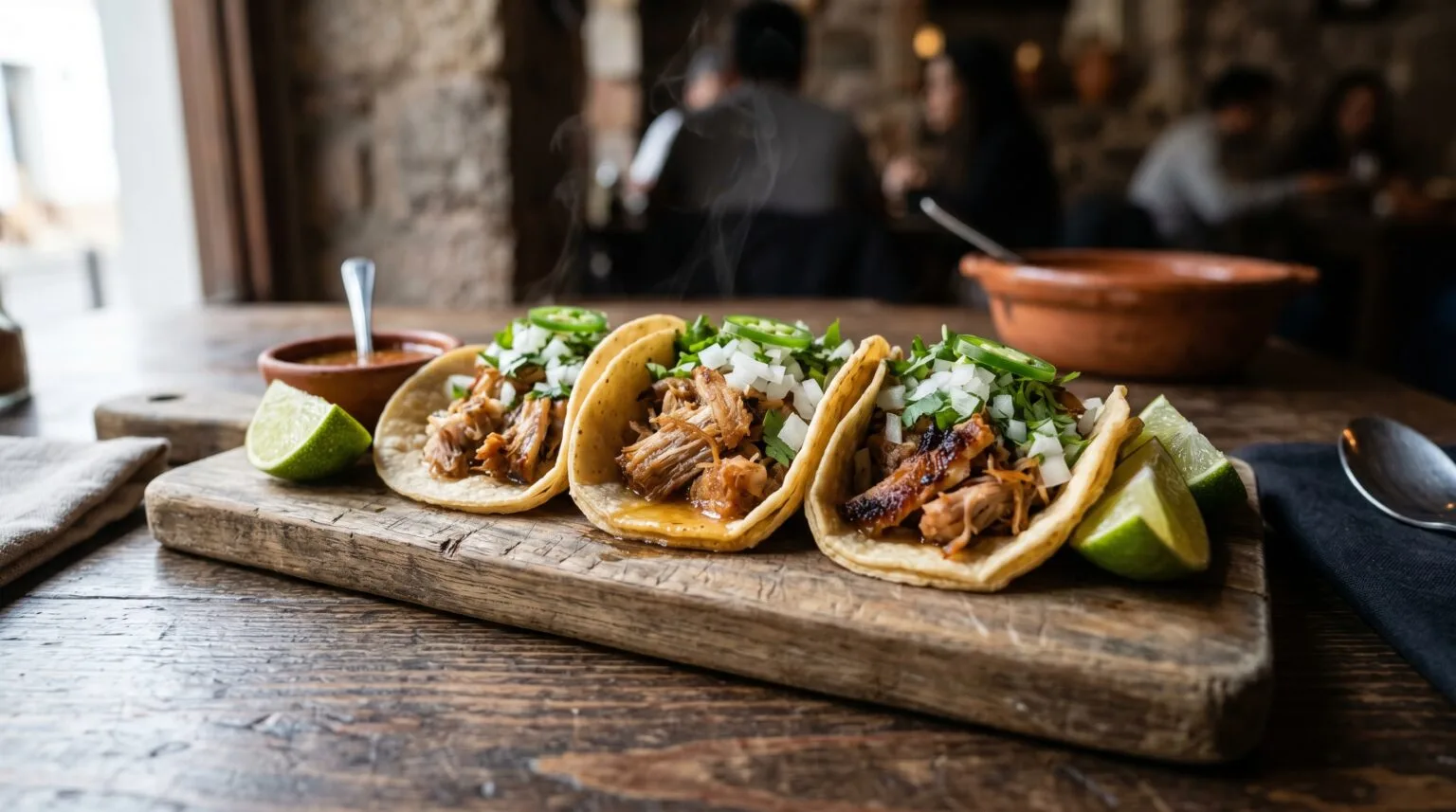 Instant Pot carnitas tacos served on a rustic wooden board with corn tortillas, fresh salsa, sliced avocado, and lime wedges at a campsite