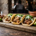 Instant Pot carnitas tacos served on a rustic wooden board with corn tortillas, fresh salsa, sliced avocado, and lime wedges at a campsite